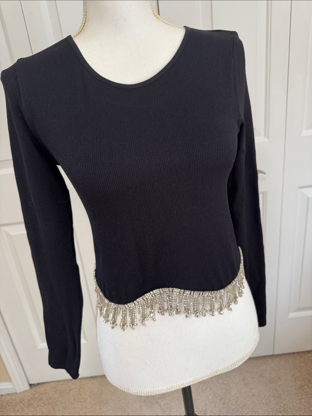Black Long-Sleeve Ribbed Top with Silver Fringe